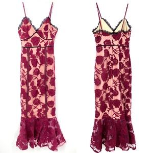 Lulus Alluring Dream Burgundy Floral Mesh Trumpet Midi Dress, size XS